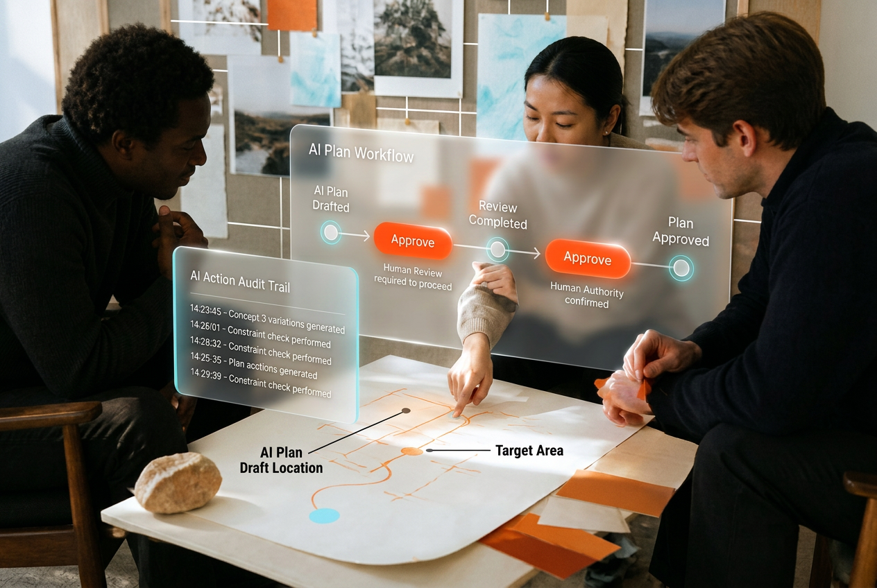 Three professionals around a table reviewing an AI Plan Workflow with human approval stages, audit trail and orange route lines on paper — human authority at the centre of AI-augmented decisions